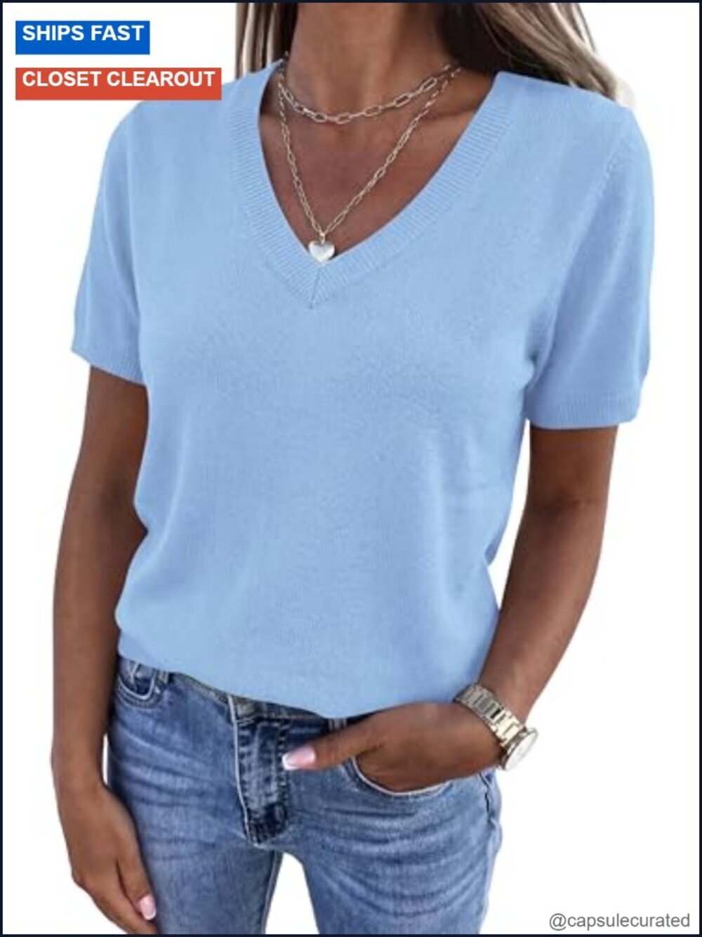 Short Sleeve V-Neck Business Casual Lightweight Sweater Pullover